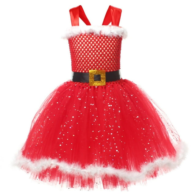 MHZLDYZ Robes pour Filles 10-12 Grandes Filles Robe de Fête Cosplay de Noël Père Noël Tutu Robes Rouges Robes de Fête (Rouge Melon D\'eau, TG)