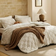 Queen Size Comforter Set Beige, Boho Tufted Bed Set, Checkered Farmhouse Shabby Chic Bedding, 3 Pieces, 1 Plaid Geometric Comforter and 2 Pillow Shams