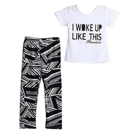 

Baby Girls White Letter T-shirt+Zebra-Stripe Pants Two-Pieces Summer Outfits Set