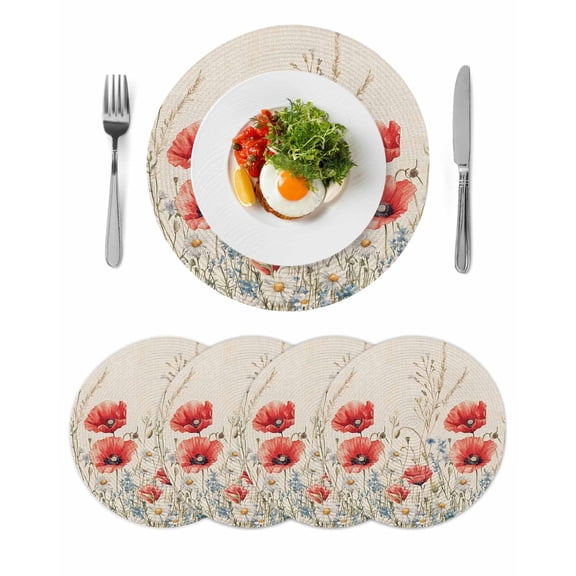 Vintage Floral Round Table Placemats set of 4, Wildflower Daisy Washable Woven Place Mats for Dining Tables Kitchen Party Decor,Heat Proof, 15in, Red Blue Beige