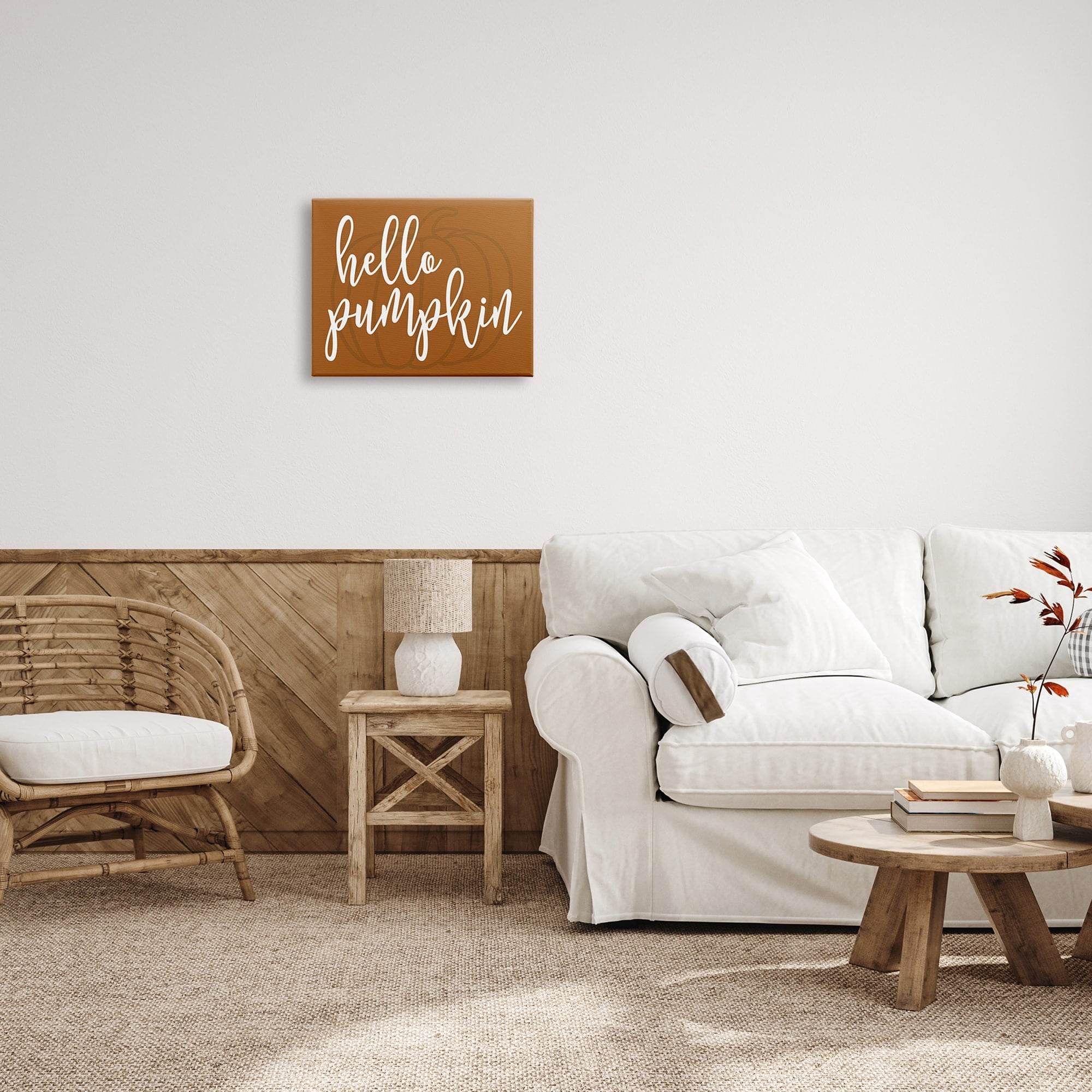 Hello Pumpkin Motif Romantic Autumn Script Phrase Inspirational Graphic Art Gallery-Wrapped Canvas Print Wall Art