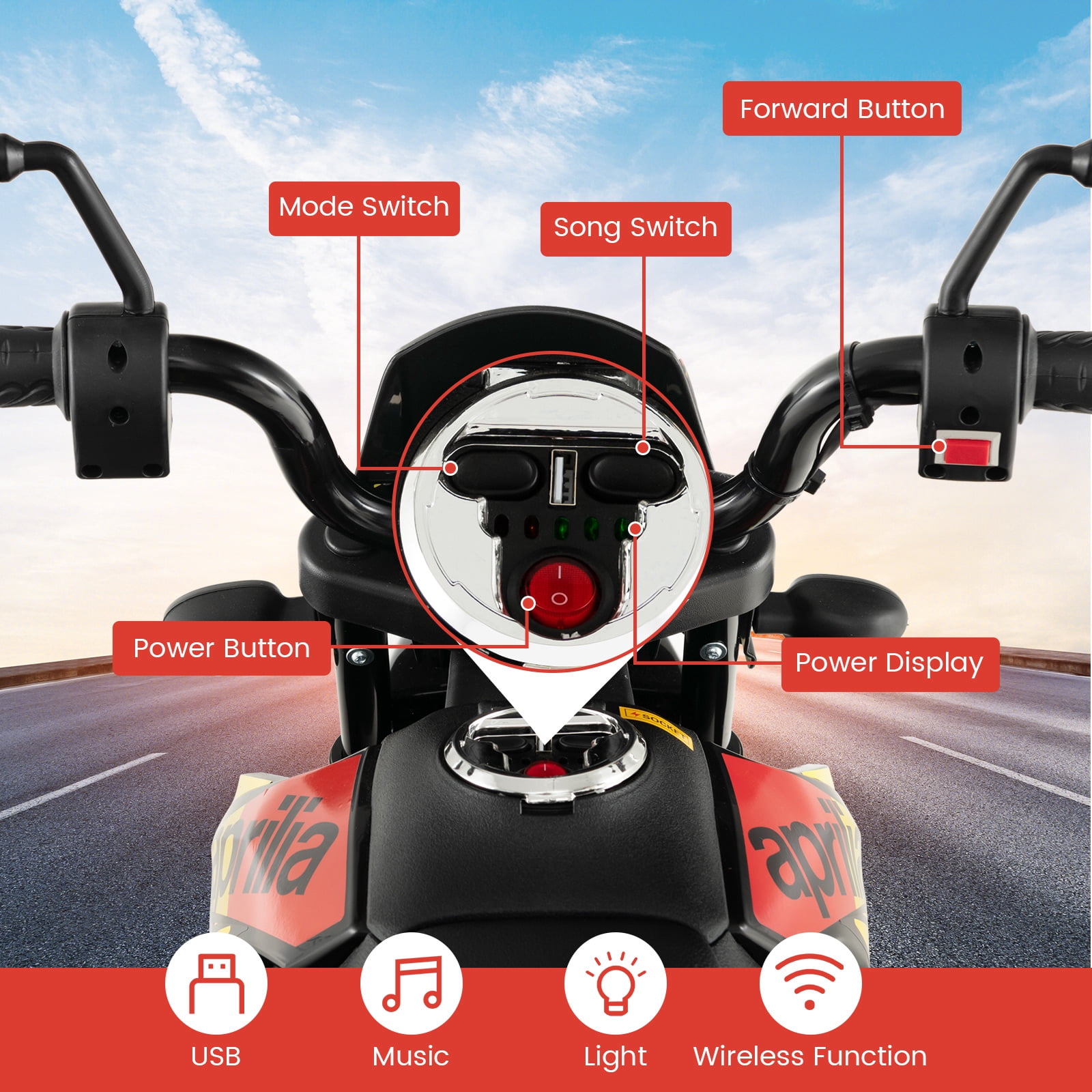 Costway 12V Licensed Aprilia Kids Ride On Motorcycle Electric Dirt Bike with Light & Music