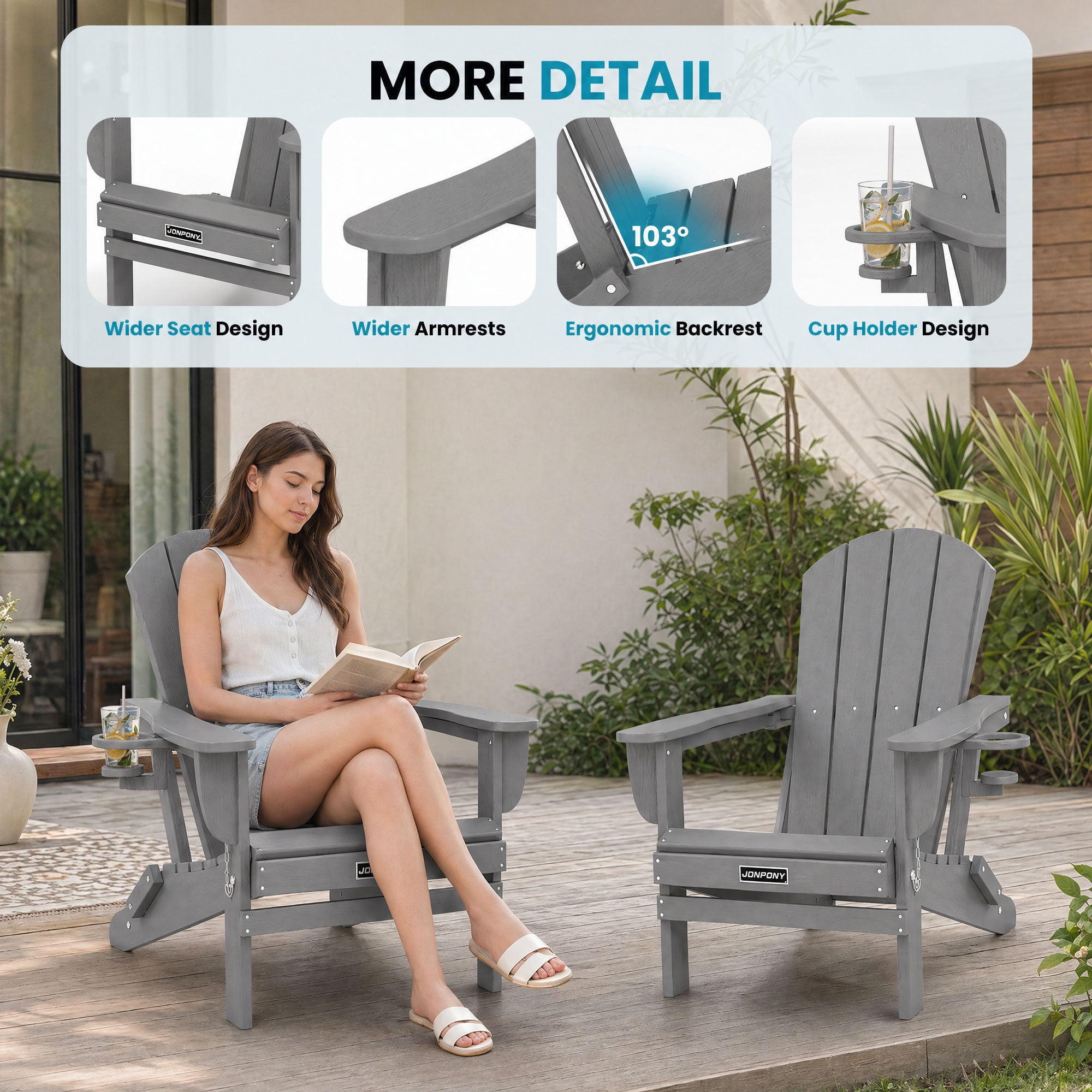 JONPONY Folding Adirondack Chair - HDPE All-Weather Outdoor Chairs, Patio Chairs Outdoor Wood Like Adirondack Chair for Backyard, Camping, Pool & Fire Pit,Grey