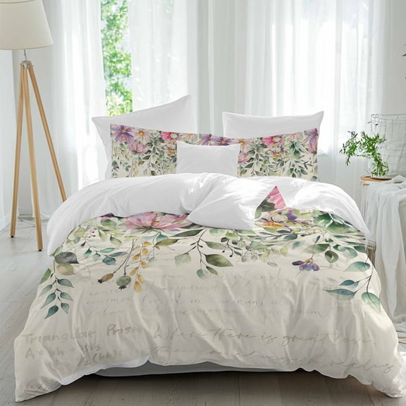 3 Piece Eucalyptus Duvet Cover Set Queen Size,Microfiber Comforter/Quilt Cover with Corner Ties and 2 Pillowcases,Sage Green Botanical Leaf Pink Flower Farm All Season Bedding with Zipper Closure