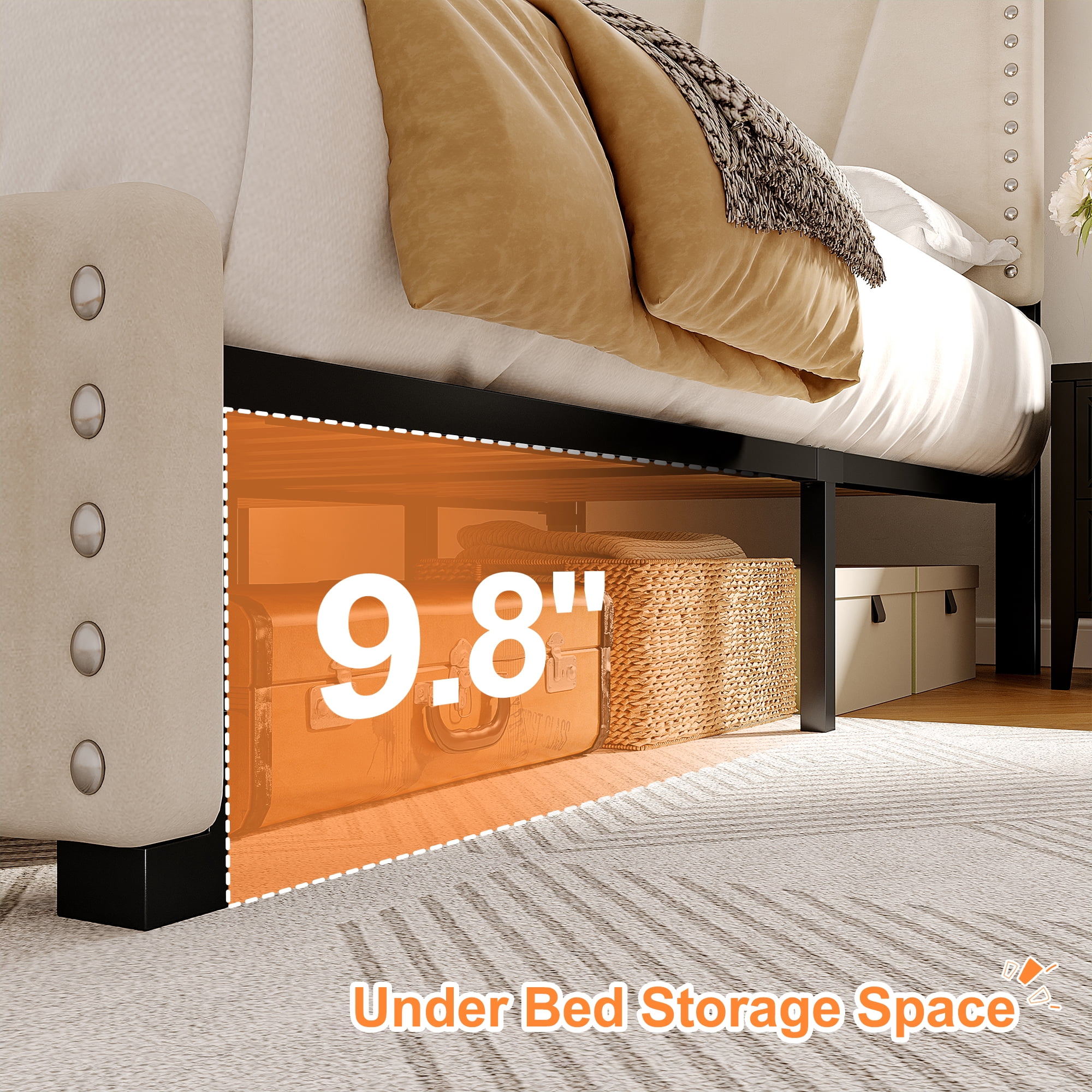Romorgniz King Size Bed Frame with Underbed Storage Upholstered Bed Frame with Adjustable Headboard Platform Bed Frame with LED Light & Charge Station ,Beige