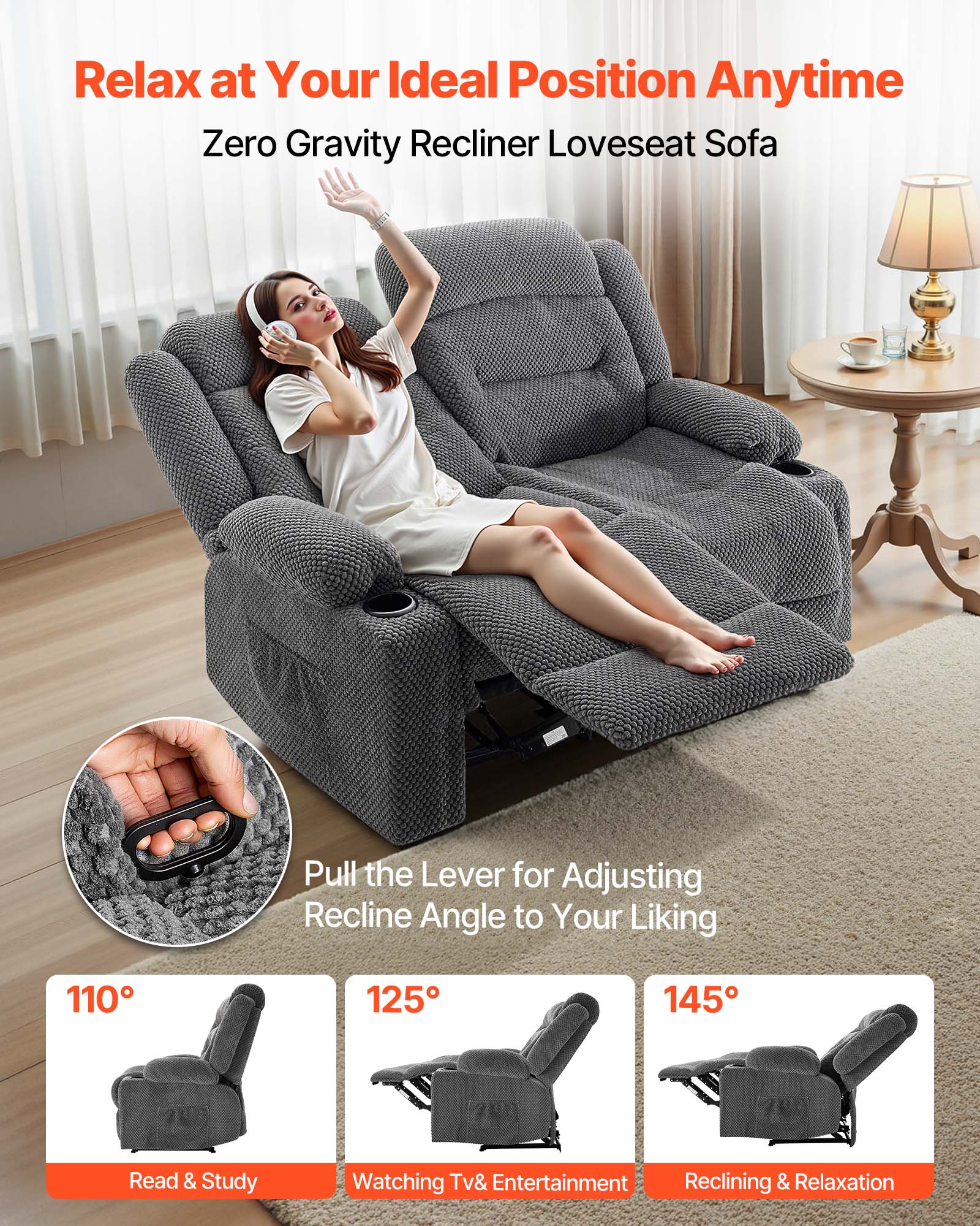VEVOR Loveseat Recliner Sofa,Manual Reclining Couch with Heating and Massage, Soft Corduroy Recliner Sofa with USB Ports, Cup Holders and Side Storage Bags, Dual Loveseat Chair for Living Room, Grey