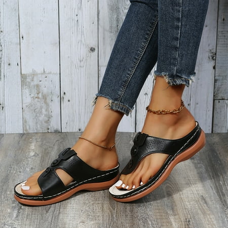 

Women s Sandals Comfortable Flip Flops for Women with Arch Support Summer Casual PU Leather Wedge Sandals Shoes Casual Retro Roman Bohemian Open Toe Orthopedic Shoes
