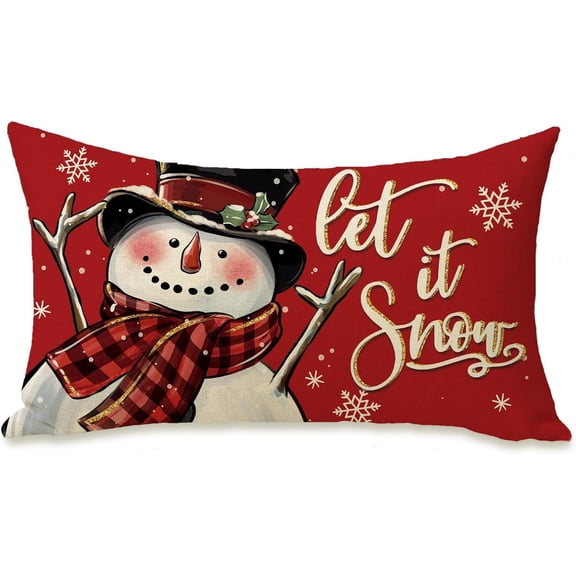 Winter Snowman Lumbar Decorative Rectangle Pillow Cover 12x20, Let It Snow Red Christmas Snowflake Porch Patio Outdoor Pillowcase, Xmas Holiday Farmhouse Sofa Couch Cushion Case Home Decor