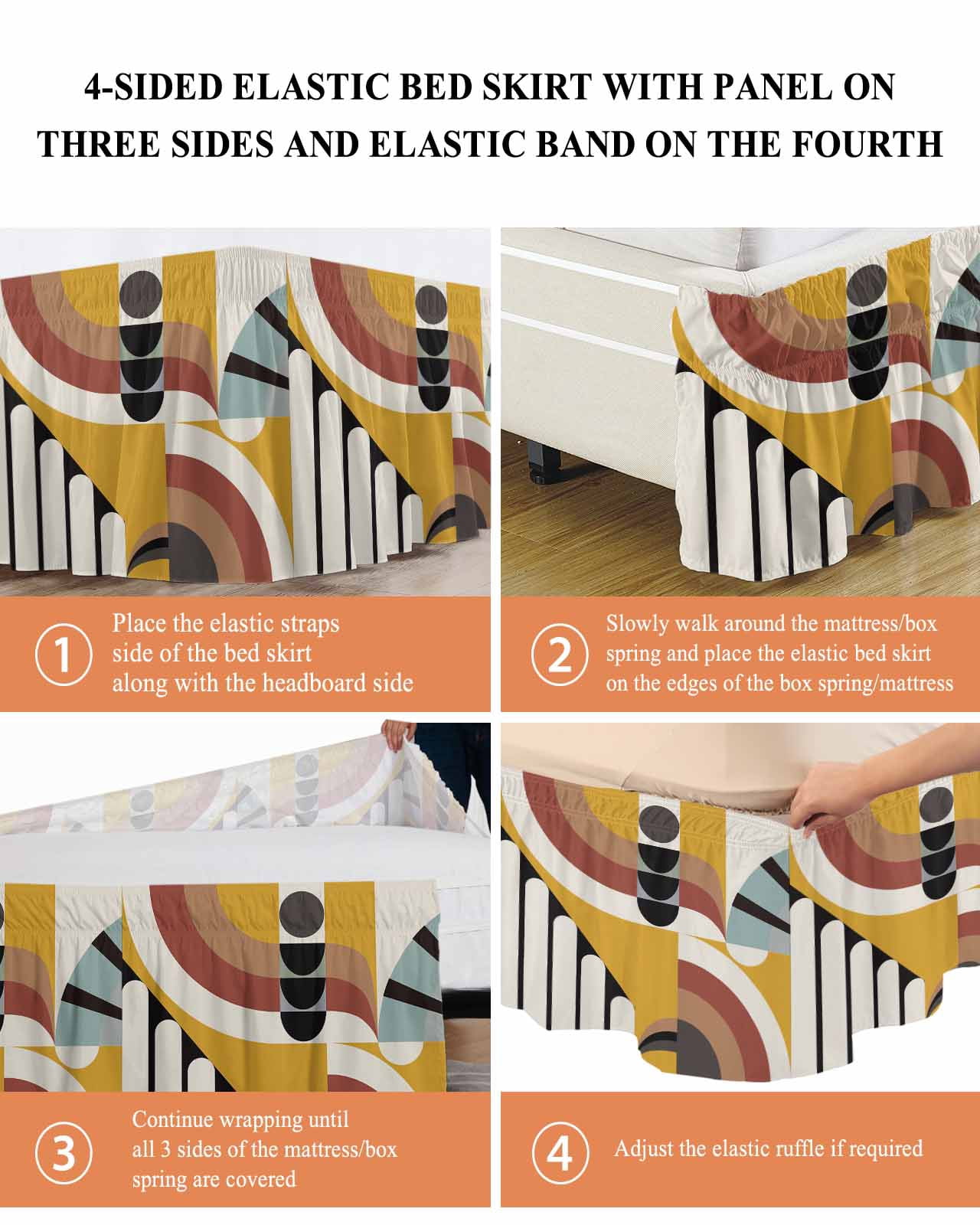 Geometric,Wrap Around Bed Skirts for California King Bed 18" Drop,Bed Skirt with Adjustable Elastic Belt Dust Ruffle Bed Valance Abstract Black Middle Century Boho Yellow Red Stripes Bed Frame Cover