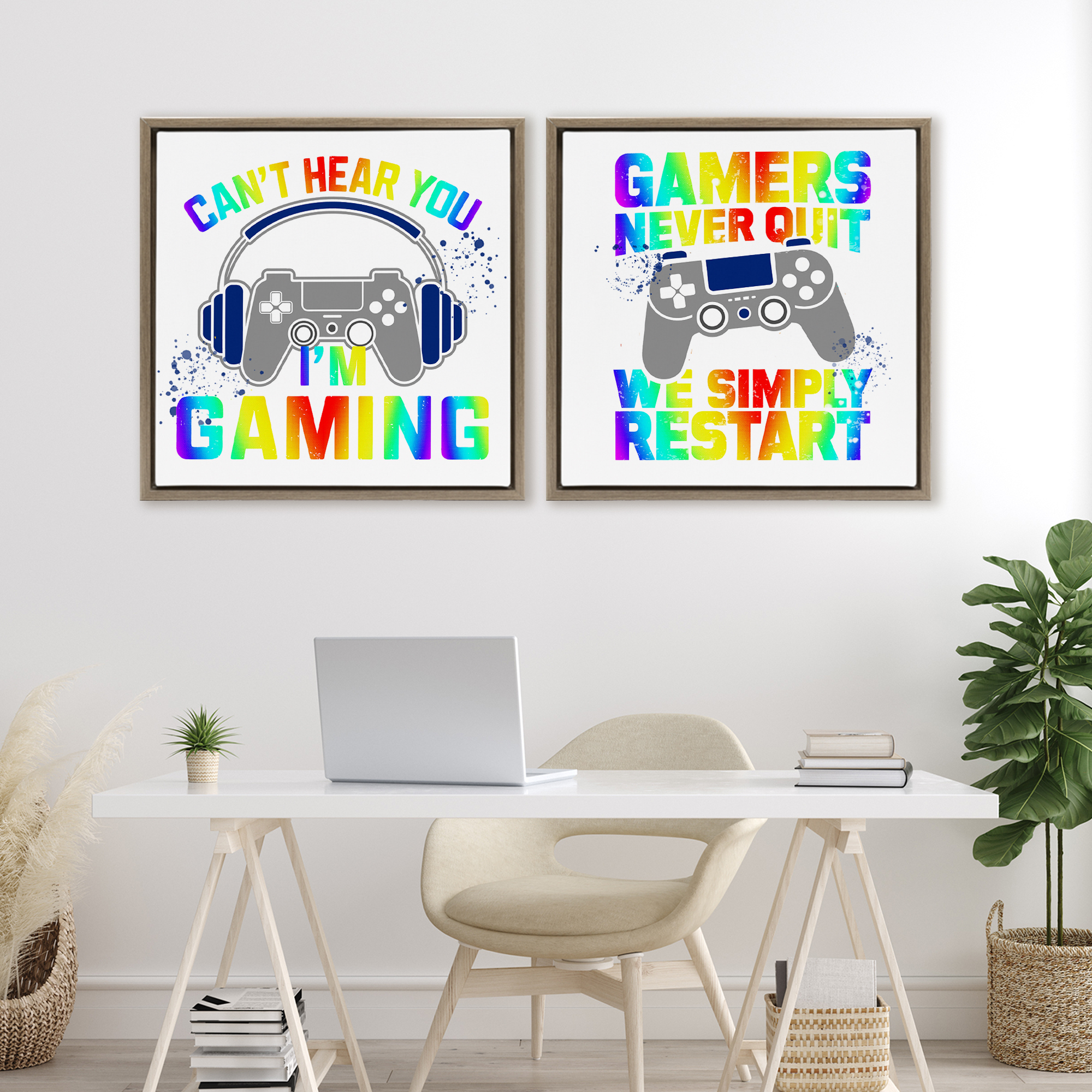Rainbow Retro Gaming Phrases 2 Piece Brown Framed Floater Canvas Set, design by Kim Allen