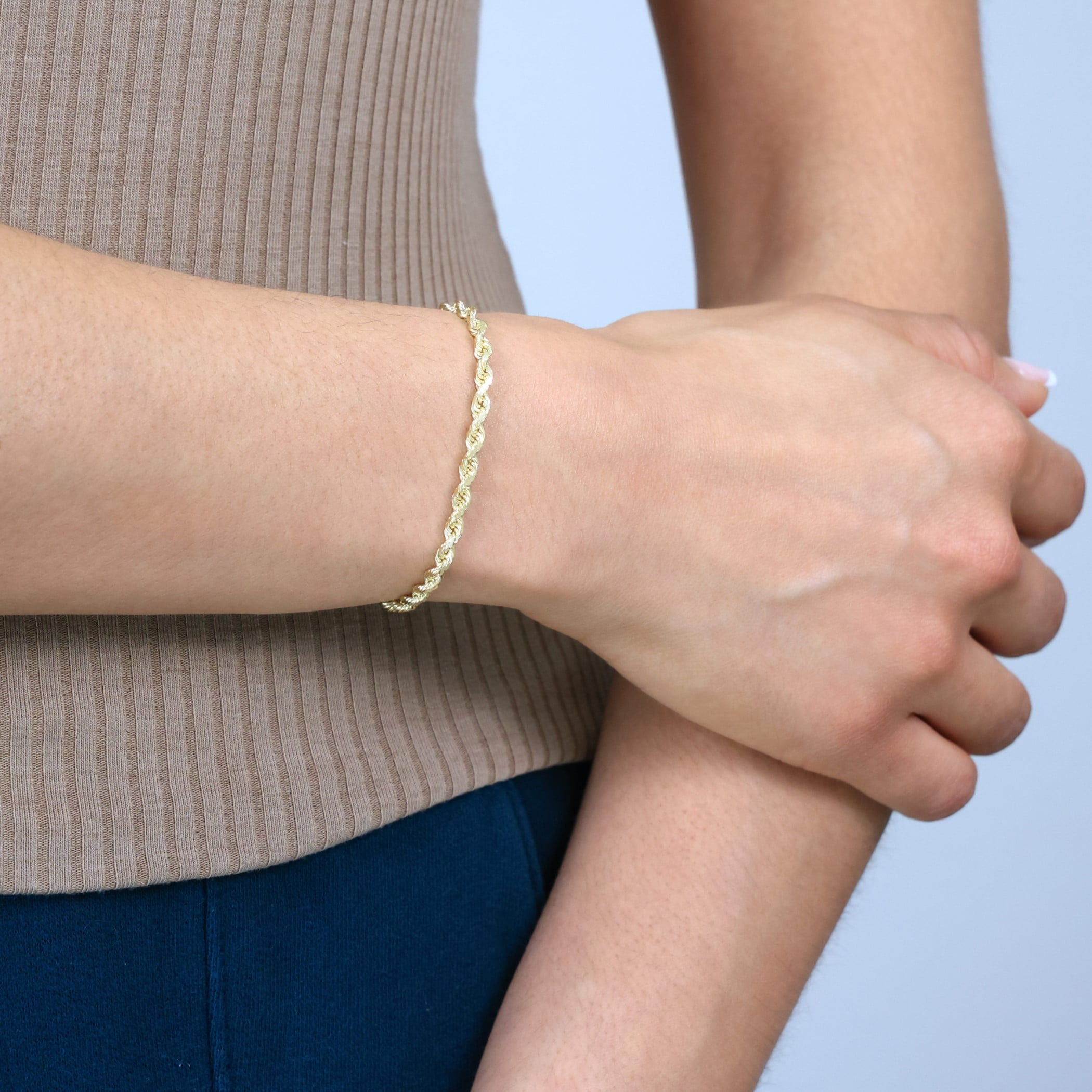 Nuragold 14k Real Yellow Gold 3mm Solid Rope Chain Diamond Cut Bracelet (7"-9") Italian Jewelry for Men & Women