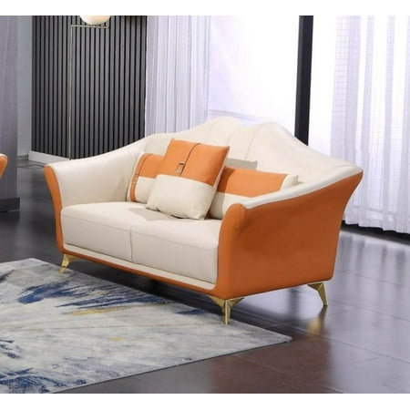 Italian Leather Off White & Orange Loveseat WINSTON EUROPEAN FURNITURE Modern