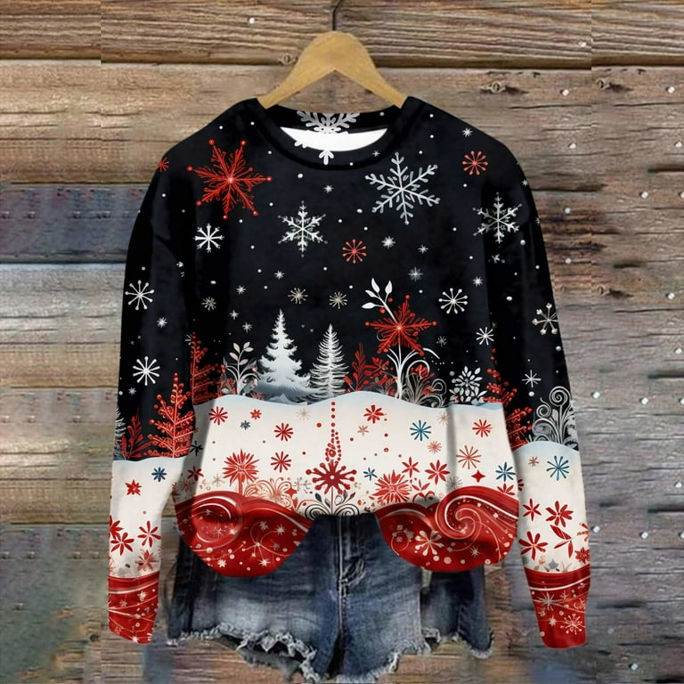 TQWQT Ugly Christmas Sweater for Women Cute Snowman Santa Claus Holiday Graphic Sweatshirt Casual Long Sleeve Shirt White M