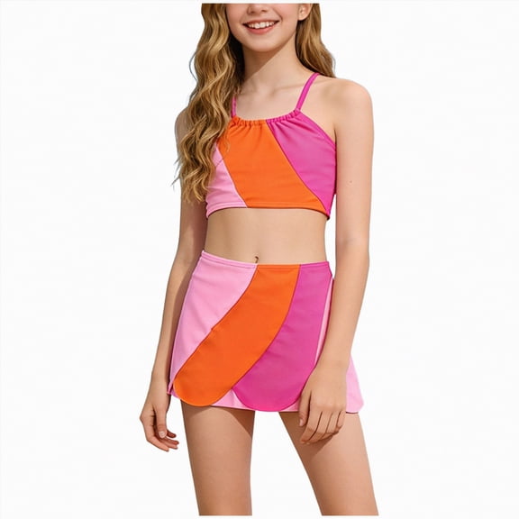 Bosanter Bathing Suits For Girls Girls 3 Piece Swimsuits Color-Block with Cover Ups Swimsuit Set Girl Summer Bathing Suit, Pink 5-6Y