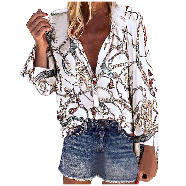 Blusa holgada de manga larga con estampado floral y cuello en V para mujer Fridja hj4724