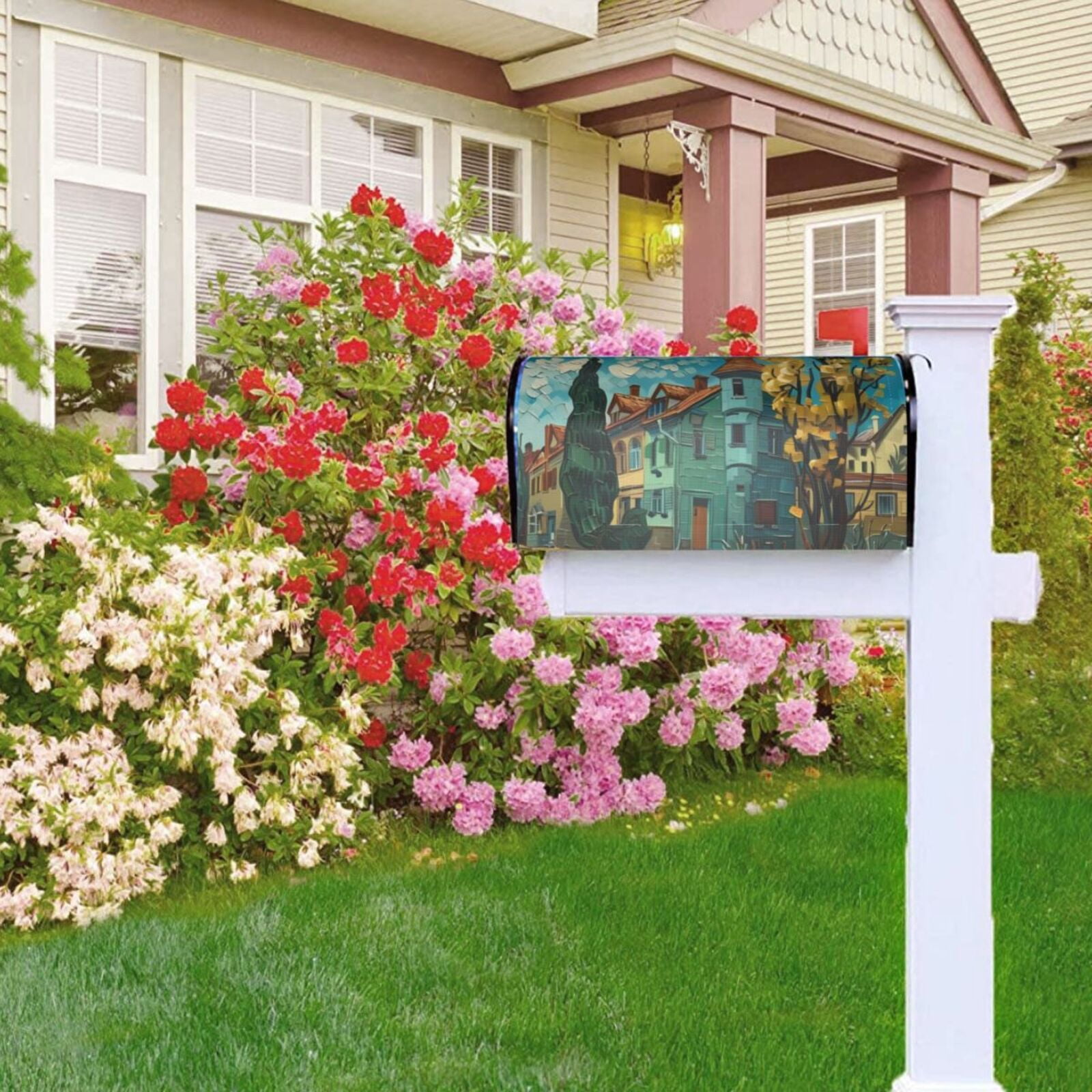 Gukieu Impressionist Village Sky Print Magnetic Mailbox Cover, Sun-proof and Waterproof Home Yard Mailbox Cover-21x18 in