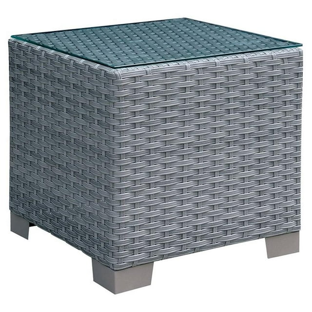 Furniture of America Condor Rattan Glass Top Patio End Table in Gray