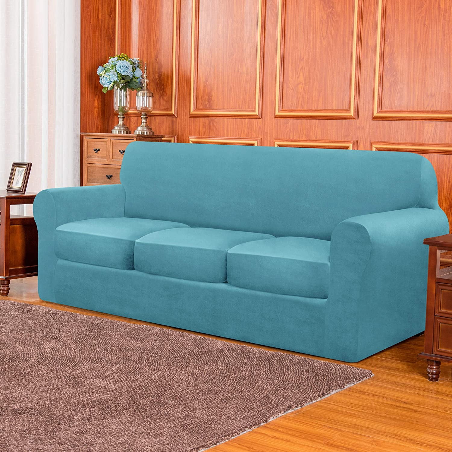 Subrtex 4-Piece Velvet High Stretch Sofa Cover Slipcover, Separate Cushion Covers(Blue, Sofa)