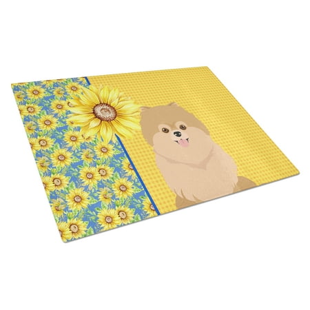 

Summer Sunflowers Orange Pomeranian Glass Cutting Board Large 12 in x 15 in