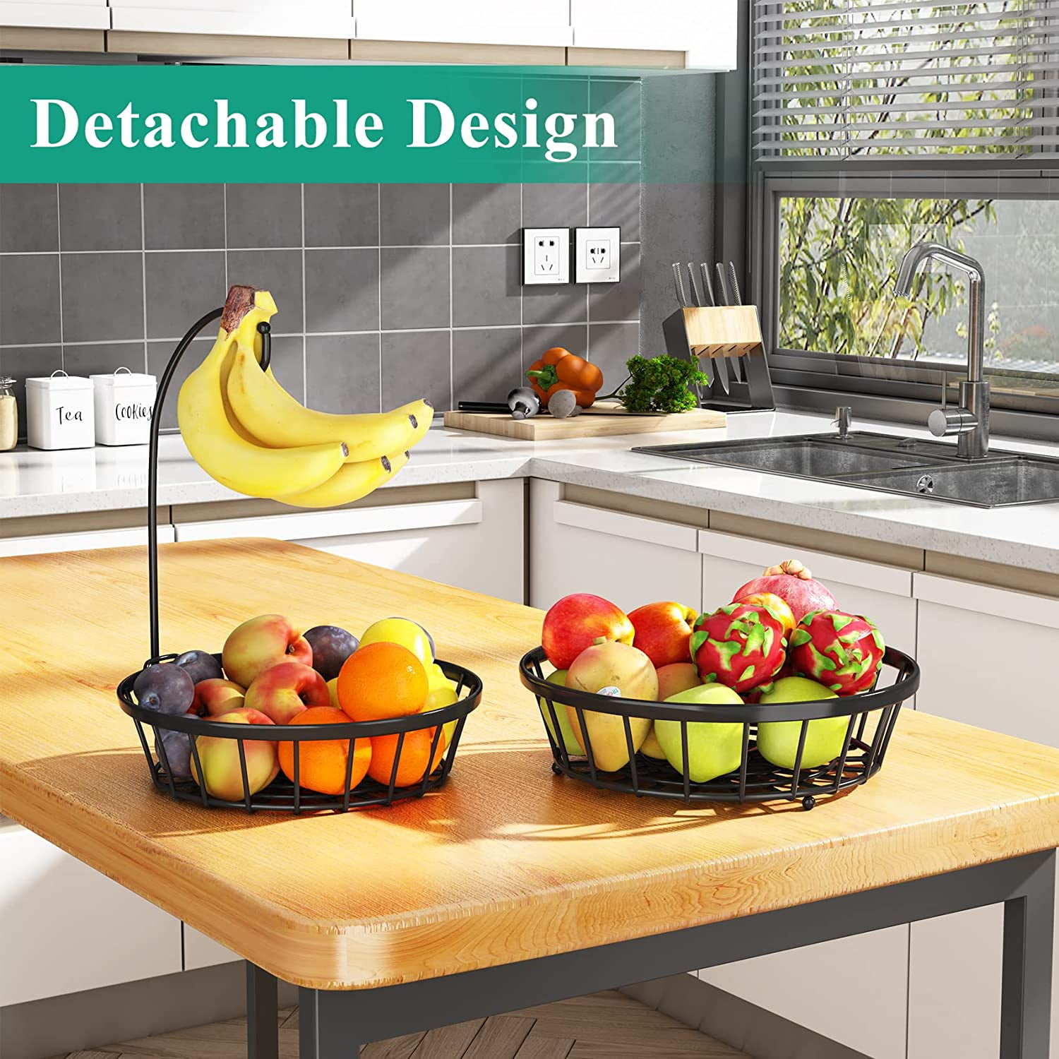 SAYZH 2-Tier Fruit Basket Bowl Vegetable Storage with Dual Banana Tree Hanger and Wood Lift Handle, Kitchen Countertop Metal Wire Basket for Bread