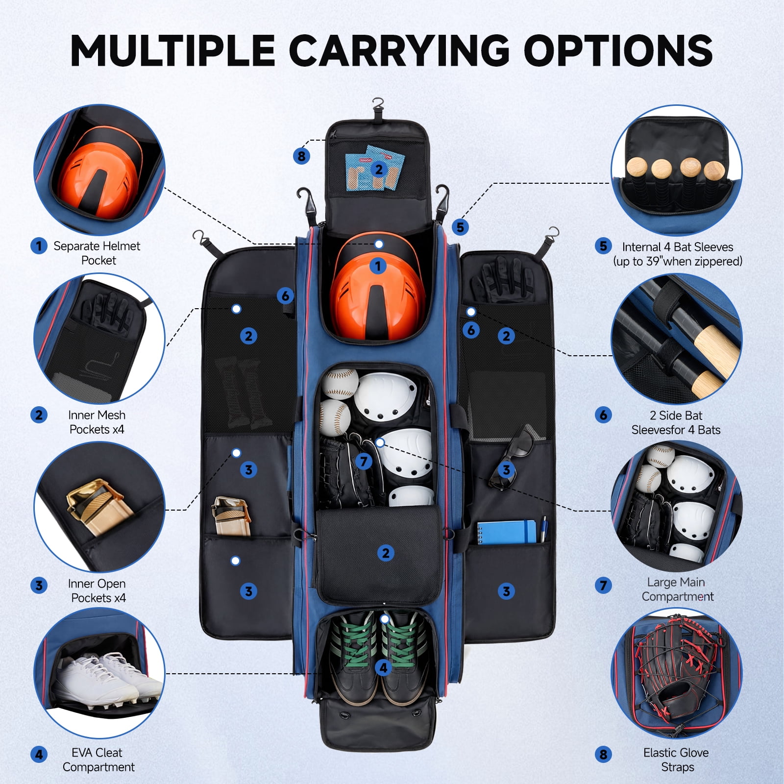 Fegat Rolling Baseball Bag with Wheels,90L Large Softball Bag Catchers Gear Bags for 8 Bats,Equipment Bag with 5 Fence Hooks,Reflective Strip,Shoe Compartment,Holds All Softball Baseball Equipment