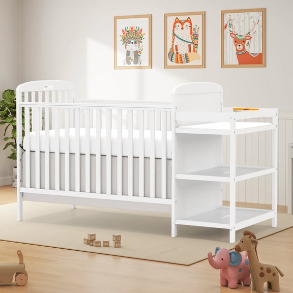 CASEMIOL Baby Crib with Changing Table 3 in 1, New Zealand Pinewood Cribs Convertible to Toddler Daybed Bed, Non-Toxic Finish, Easy to Assemble, White