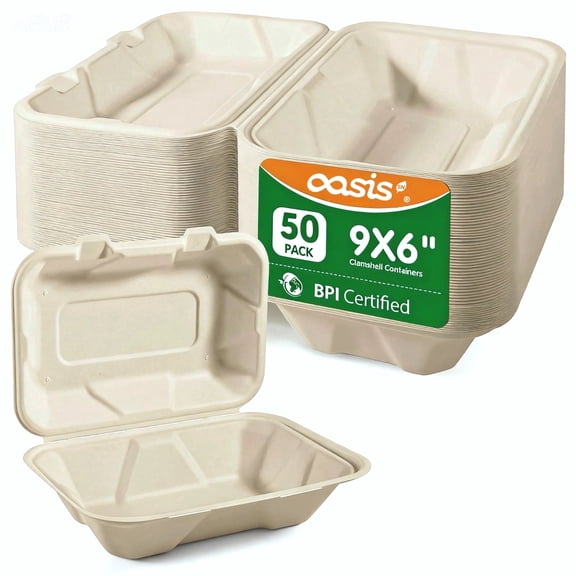 OasisSN 50 Pack Clamshell Take Out Food Containers, 100% Compostable to Go Box Disposable, 9X6 inch Heavy-Duty Carry Out Containers, Eco-Friendly Biodegradable To Go Take Out Clamshell for Food