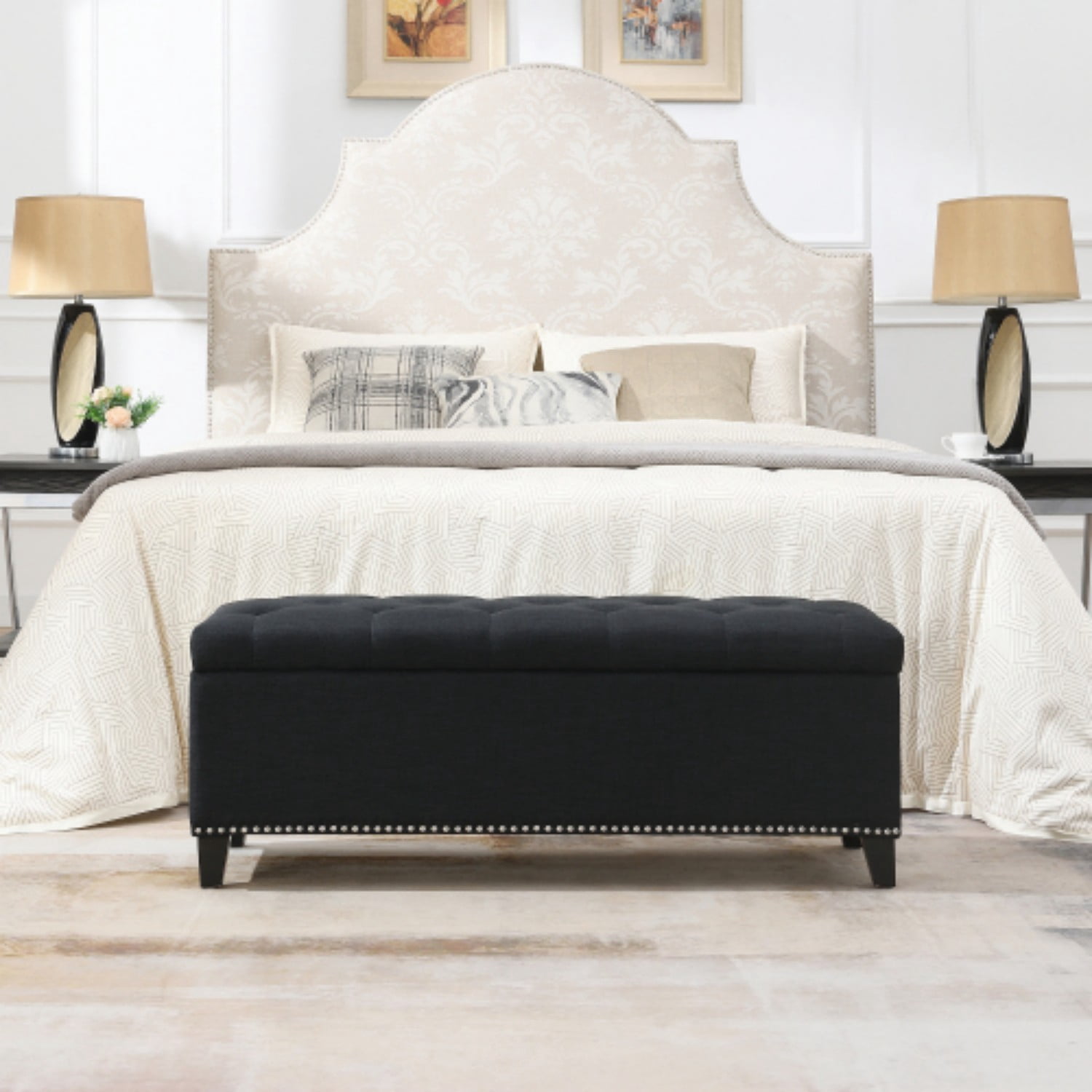 47.5" Storage Ottoman Bench with Safety Hinge, Linen Tufted Storage Bench for Bedroom, Entryway, Living Room, End of Bed Bench, Black