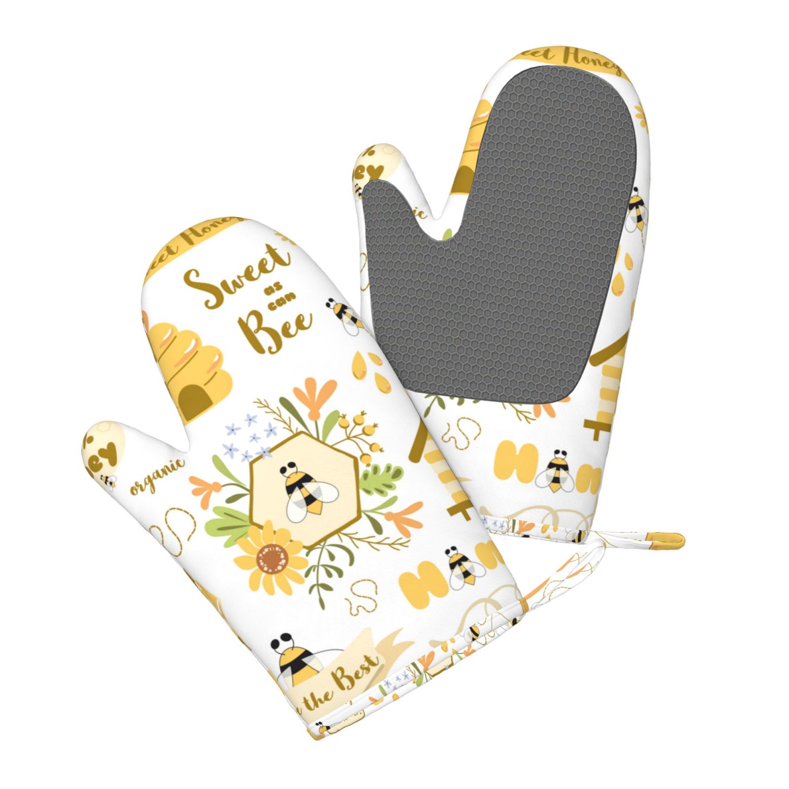 Hirioo Farm Bee Cute Honey for Silicone Oven Mitts for BBQ, Baking, Cooking, Set of 2, Heat Resistant 260℃, Non-Slip Kitchen Essentials