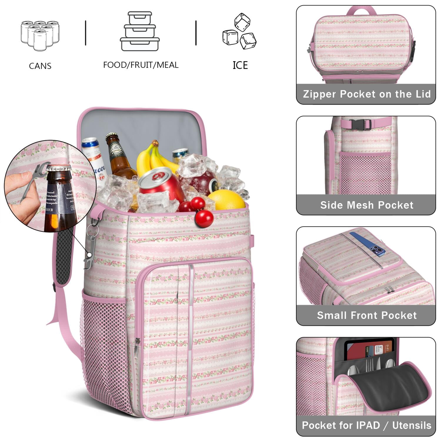 Travel Cooler Bag - Boho Bohemia Pioneer Flower Geometric Line Art Camping Beer Cooler Backpack with Bottle Opener- Waterproof Insulated Picnic Backpacks - Cooler Bag for Beach