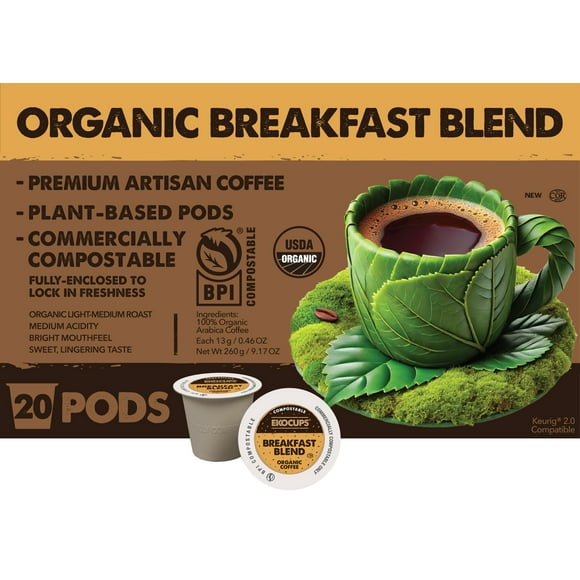 Ekocups Organic Breakfast AJH3Blend Coffee Pods - Light Roast, Compostable, Plant-Based & Freshness-Sealed - French Press-Quality Brew - Keurig Compatible, 20ct