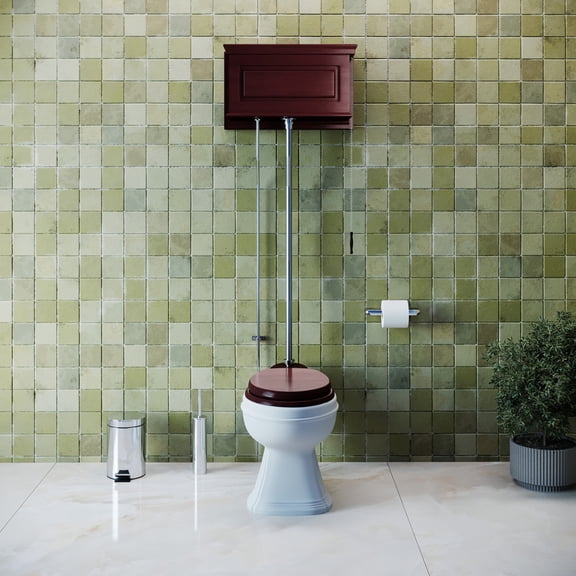 High Tank Pull Chain Round Toilet Wooden Top Entry White Porcelain Bowl 1.6 GPF Renovator's Supply