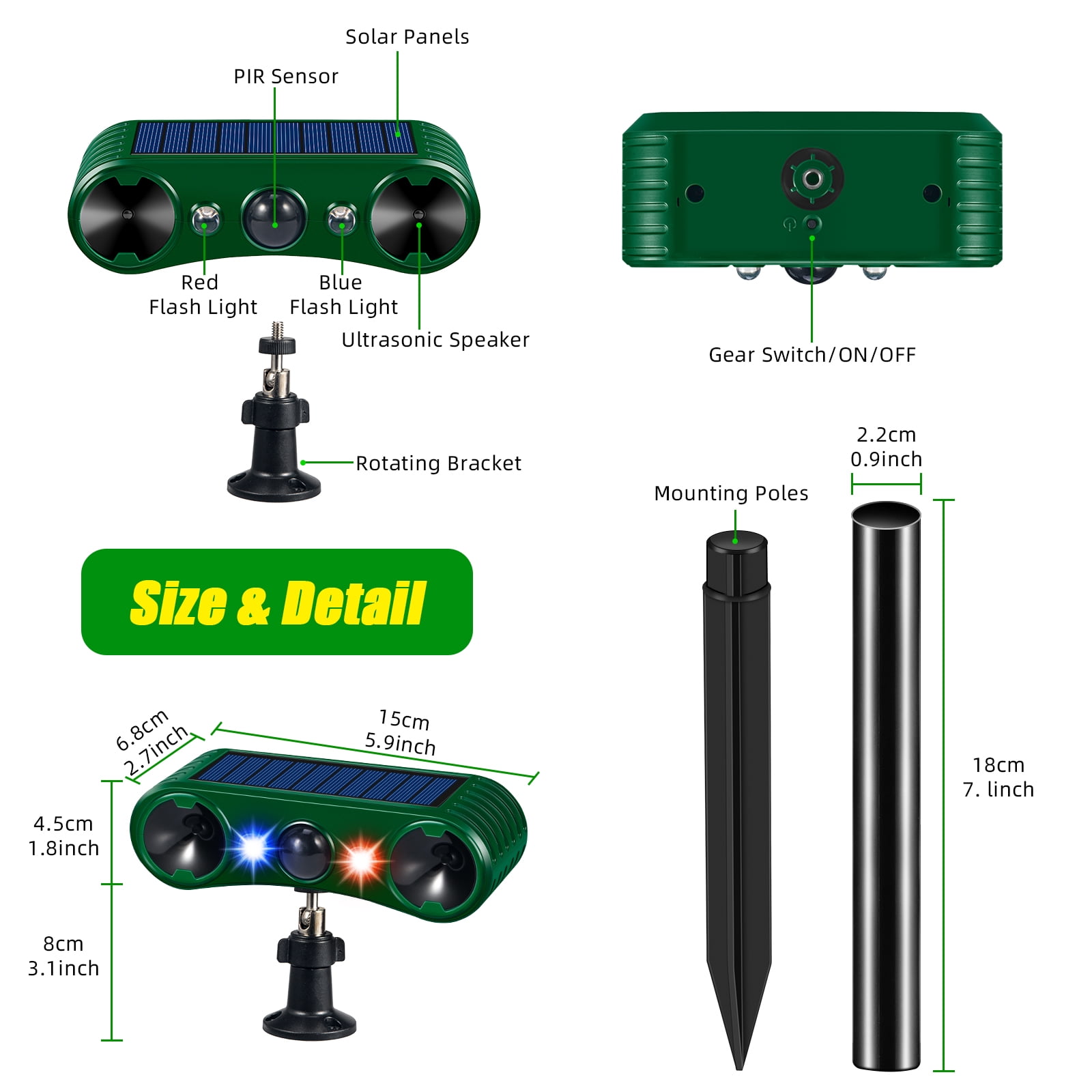 Onemayship Solar Pest Repeller with Motion Sensor: this innovative pest repeller is equipped with a PIR sensor and alternating red/blue flashing lights to repel cats, dogs, deer，protect yards