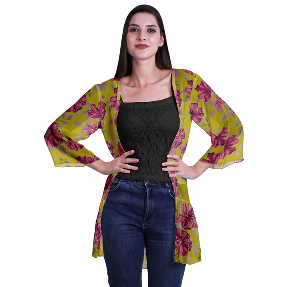 Moomaya Womens Gerorgette Cover Ups For Swimwear Printed Long Sleeve Short Shrug