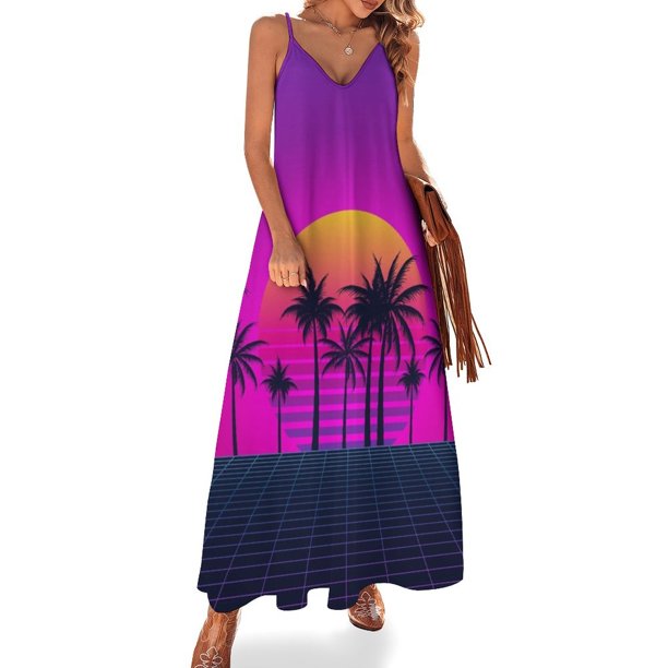 Vestido sin mangas Retrowave Sunset and Palm Trees vestido vestidos Vestido largo de mujer