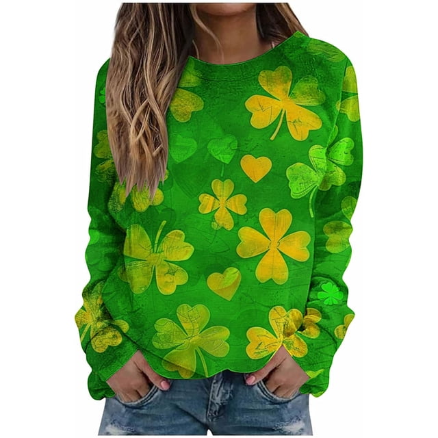 Diufon Sweatshirts à Col Rond pour Femmes pour la Saint-Patrick Décontracté Basique Trèfle Manches Longues