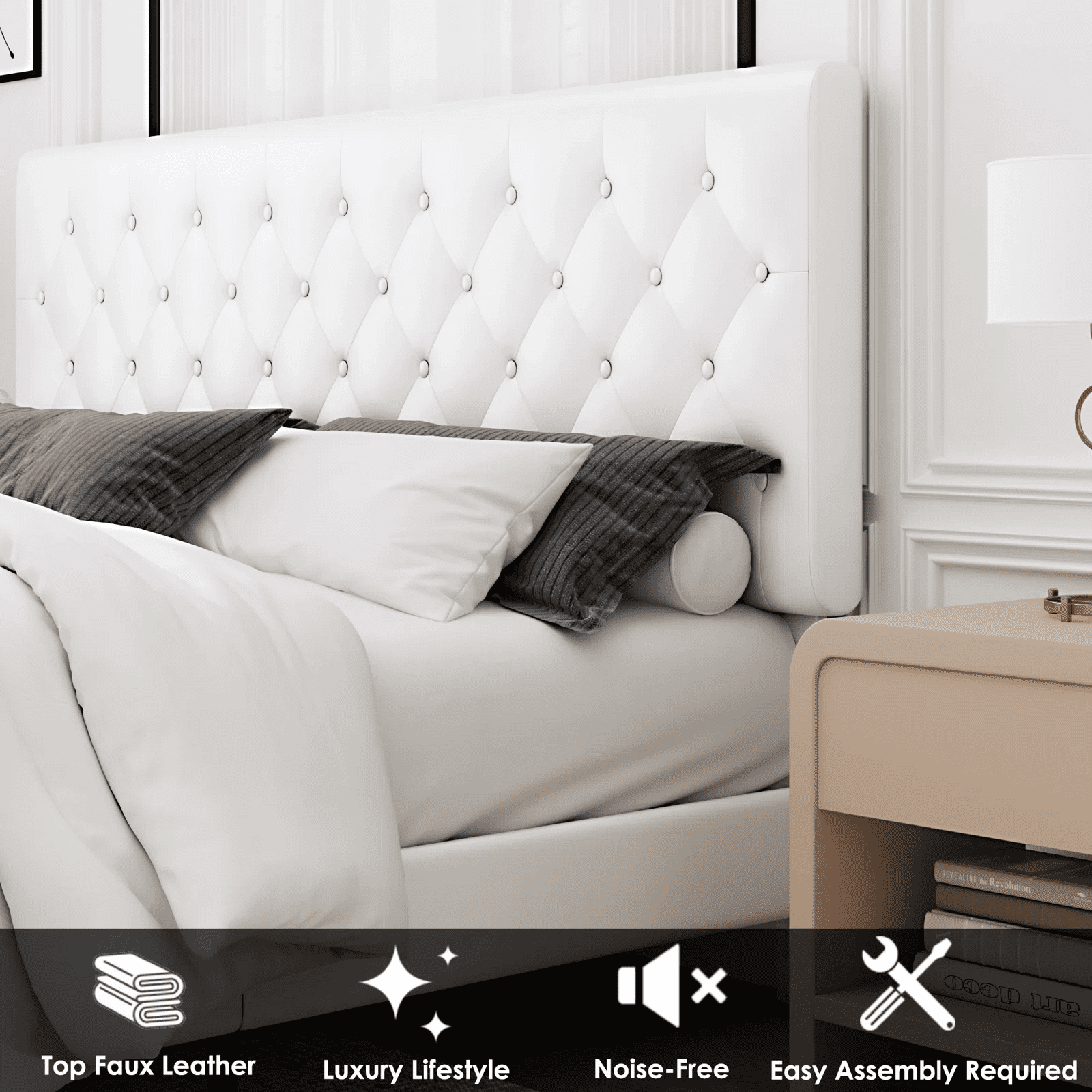 Homfa Full Bed Frame White Faux Leather Upholstered Button Tufted Low Profile Platform Bed Frame with Adjustable Headboard for Bedroom