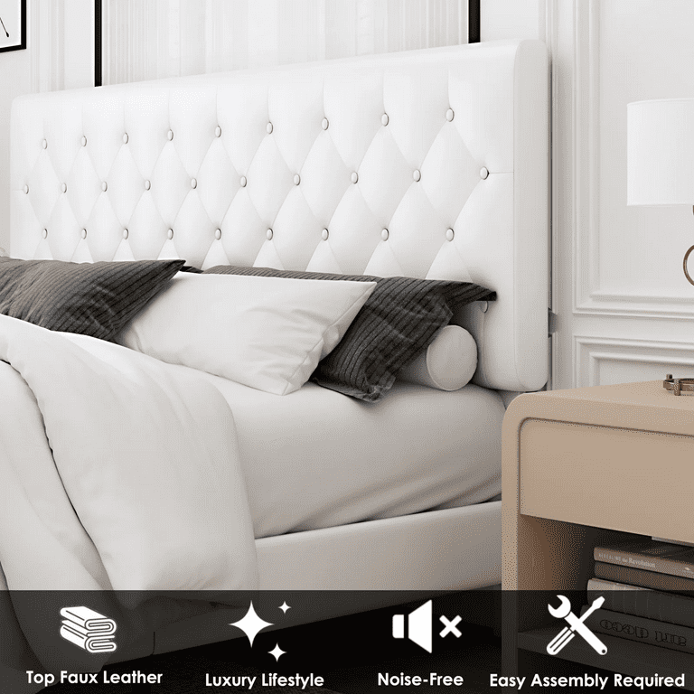 Homfa Full Bed Frame, White Faux Leather Upholstered
