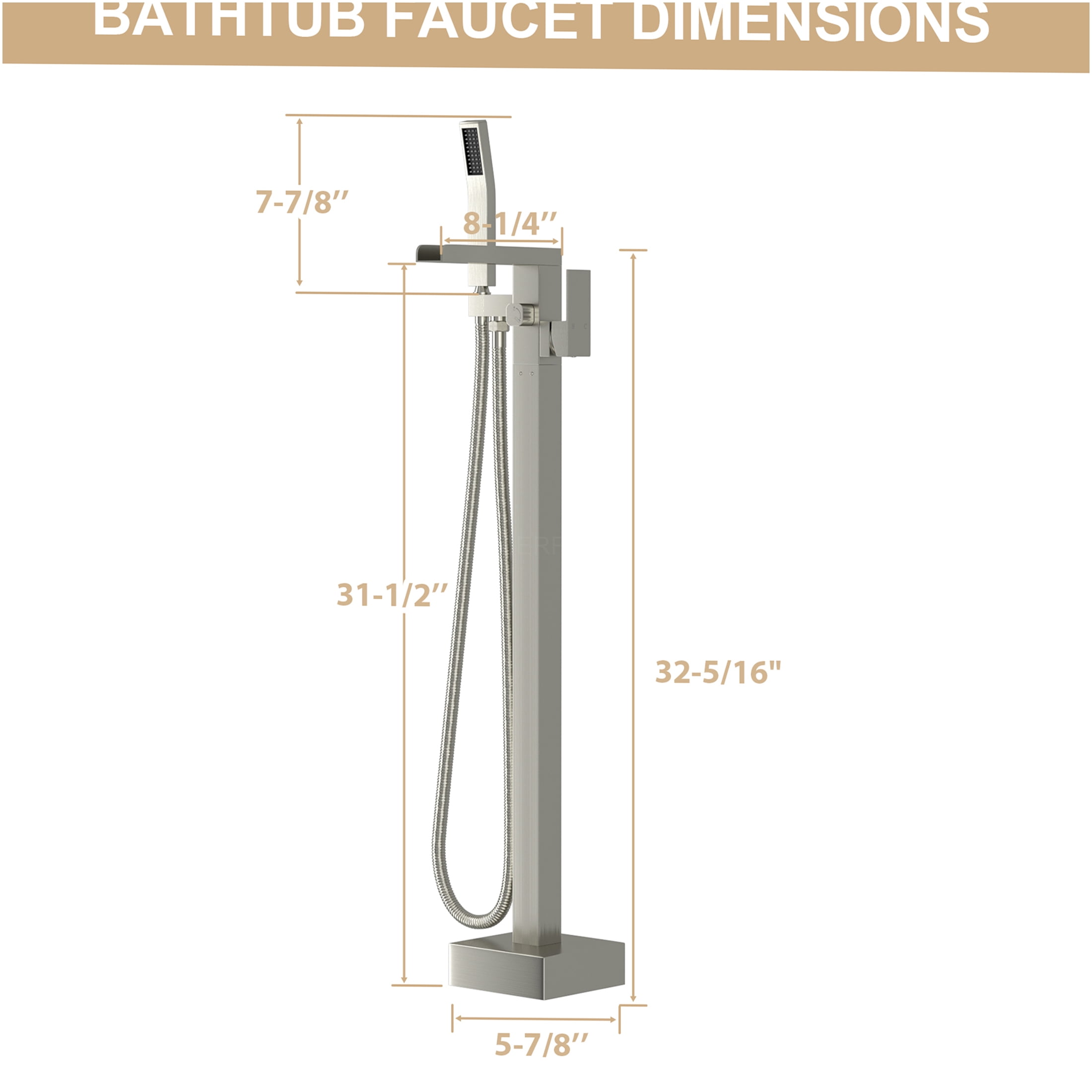JERFIT Freestanding Bathtub Faucet with Hand Shower, 360° Rotatable Waterfall Spout, Brushed Nickel Floor Mount Tub Filler for Standard Bathroom