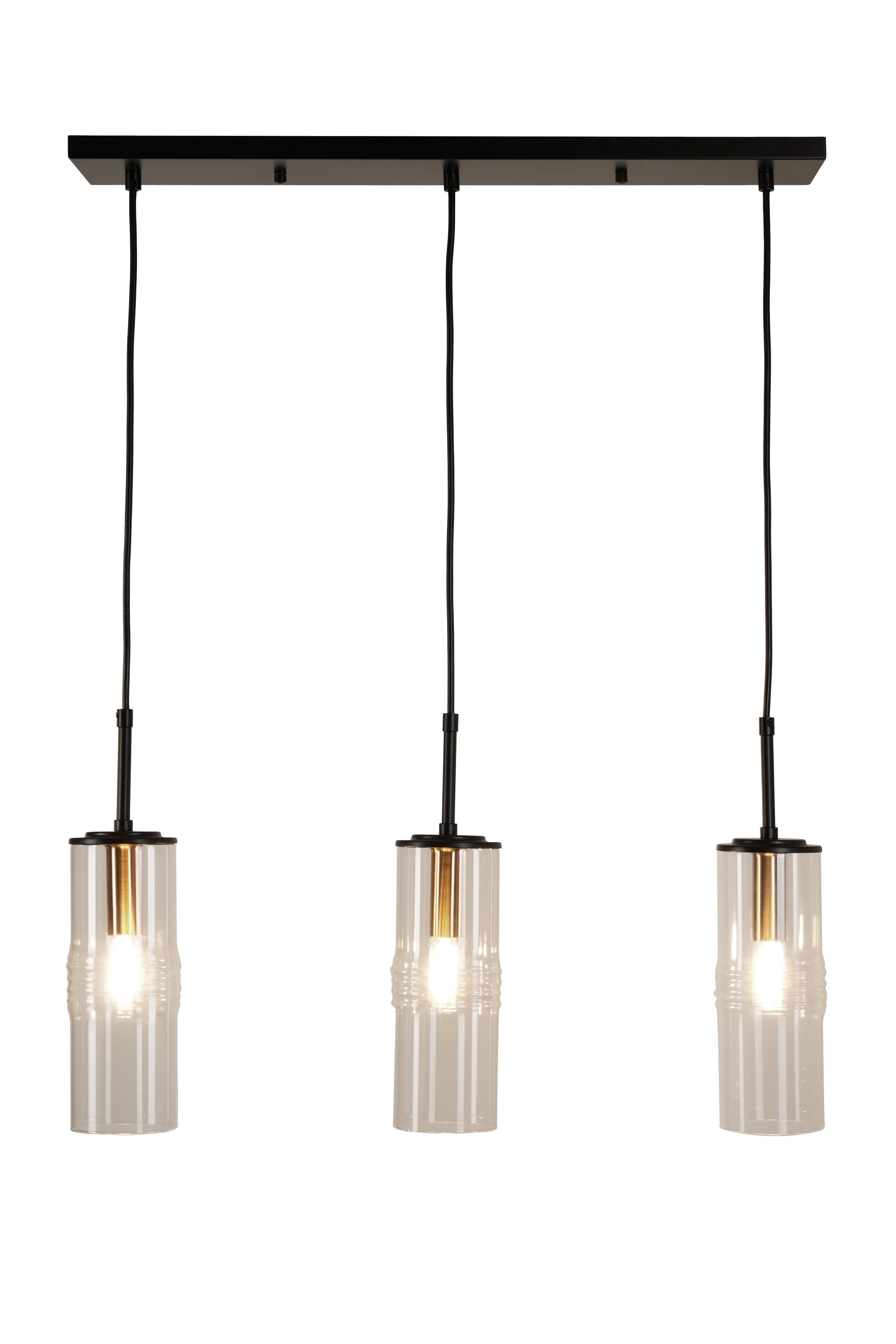 Kenroy Home Caulford 3-Light Adjustable Height Kitchen Island Light Fixture with Clear Glass Cylinder Shade for Kitchen Island, Dinning Room, Bedroom, Foyer, or Entryway, Black