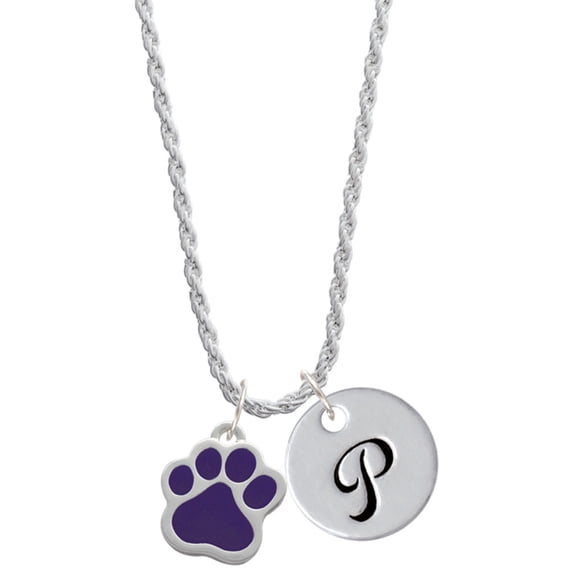 Delight Jewelry Silvertone Large Purple Paw Silvertone Script Initial Disc - P - Charm Necklace, 20"+3"