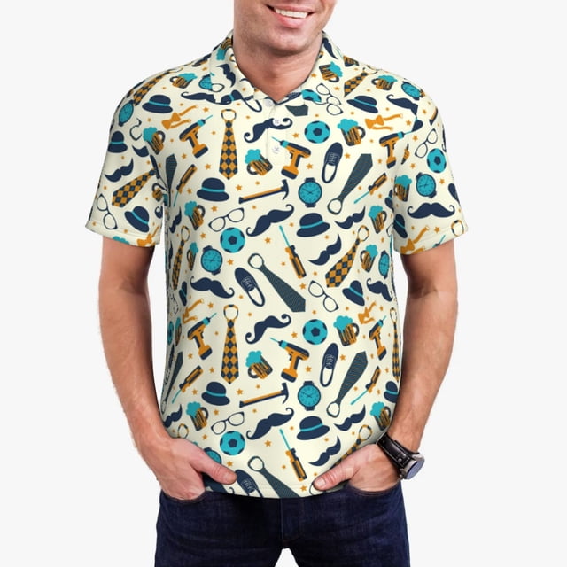 Lsque Fathers day Pattern Golf Shirts for Men Dry Fit Print Moisture Wicking Performance Short Sleeve Polo Shirt-X-Large