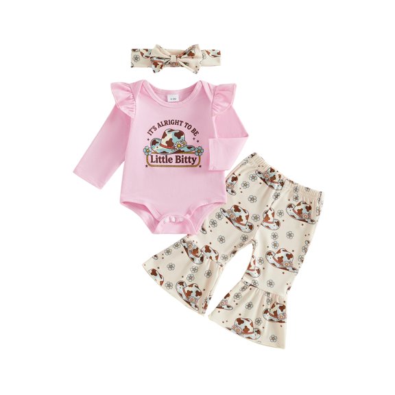 Cjfdfy Newborn Baby Girl Western Fall Outfits It's Alright To Be Little Bitty Print Ruffle Long Sleeve Romper Cowgirl Hat Print Pants And Headband Set Cute Cowgirl Fall Winter Outfit 0-18 Months