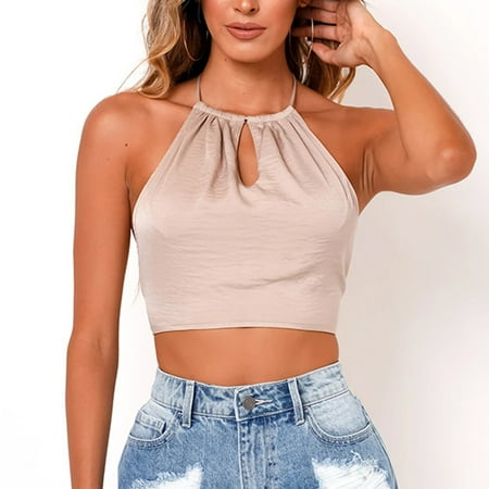 

CYMMPU Women Clothing Women s Cropped Tank Sexy Bustier Slim Fit Crop Tops Sleeveless Streetwear Round Neck Tank Summer Shirts Cami Solid Khaki