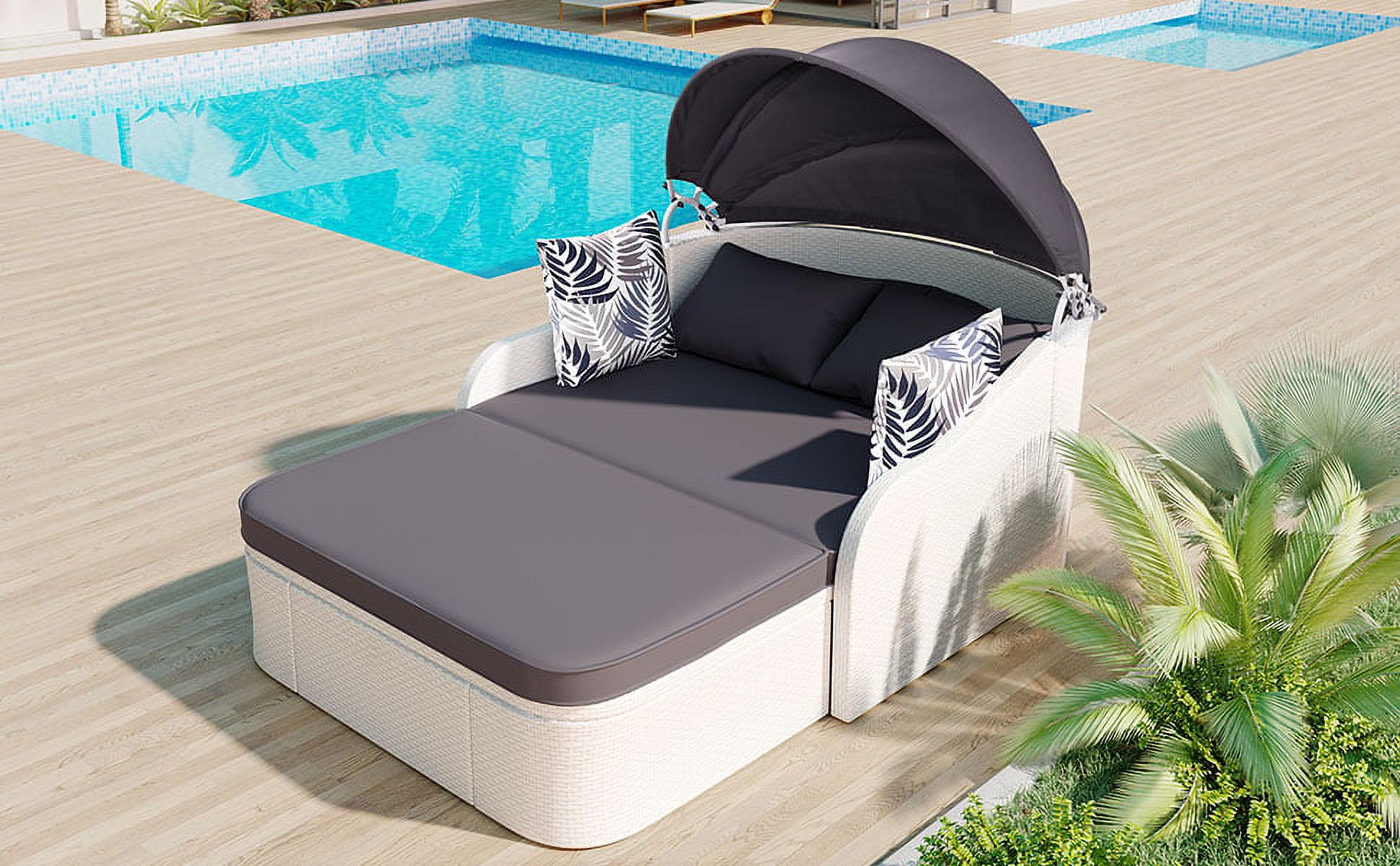 Seizeen Outdoor Rattan Chaise Lounge, 2-Person Reclining Daybed with Adjustable Canopy and Gray Cushions, Multifunction PE Wicker Furniture w/ Cover, White - image 2 of 13