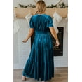thumbnail image 2 of Women's Prussian Blue Velvet Short Sleeve Shirred Waist Tiered Maxi Dress - Elegant Boho Style - [ZhiHiMeRi] | (US 16-18)XL, 2 of 6