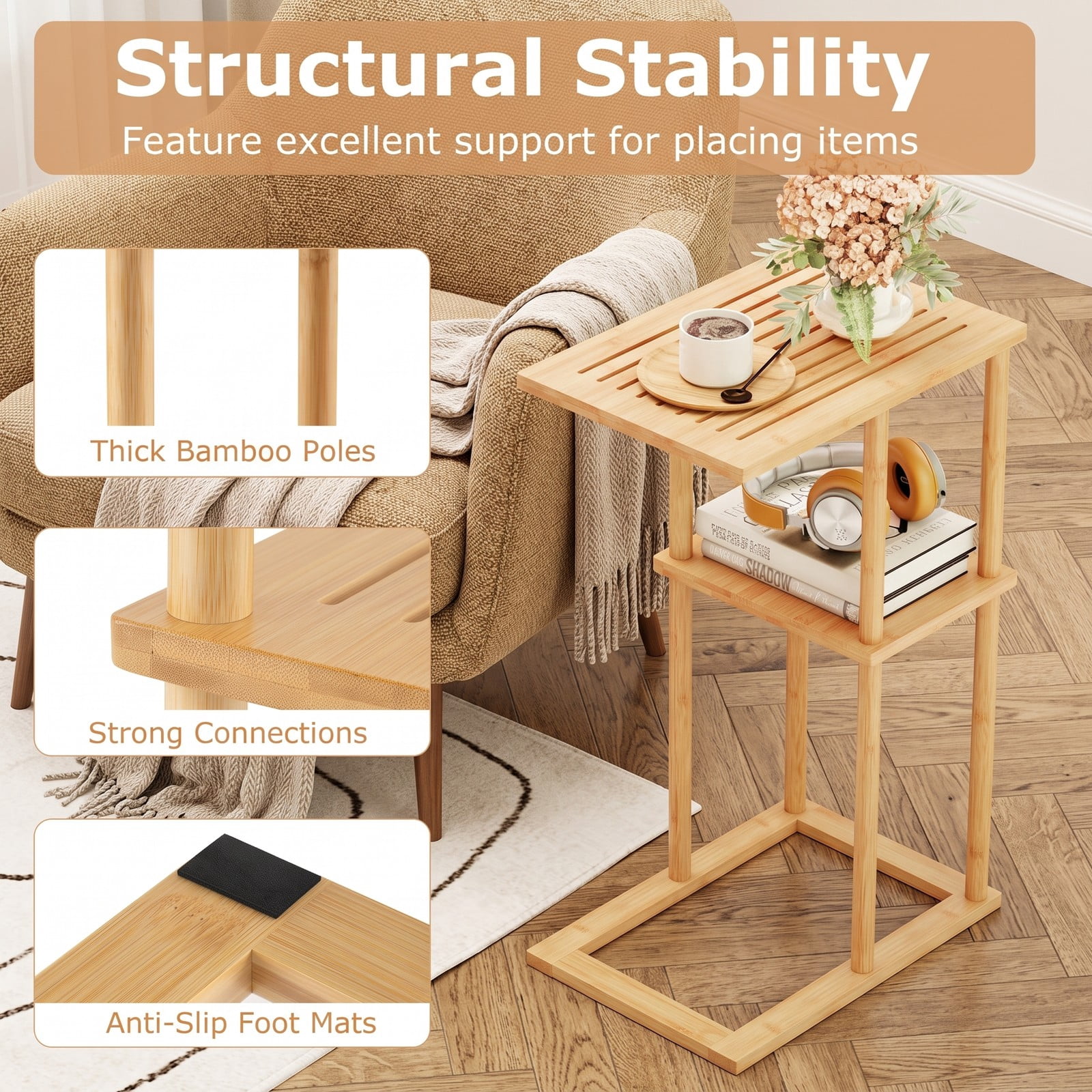 Furnibear Side Table Set of 2, 2-Tier Bamboo End Table with Storage Shelf, Nightstand Sofa Side Table for Living Room Bedroom Study, Rectangular Small Accent, Natural