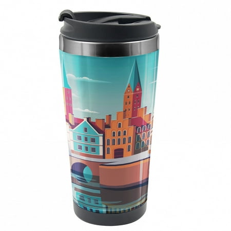 

Amsterdam Travel Mug Small Town Vintage Houses Steel Thermal Cup 16 oz by Ambesonne