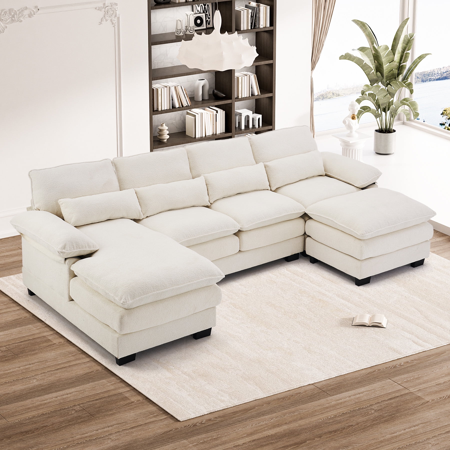 Wiilayok 114" U Shaped Sectional Sofa with Chaise Lounge and Ottoman,Chenille Modular Sectional Sofa Couch for Living Room,Cream White