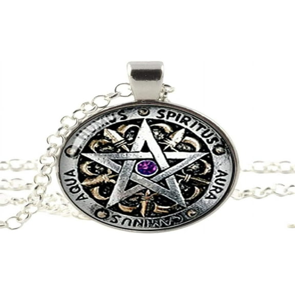 Wiccan Protection Necklace black magick Pagan Pentagram pendant Glass Necklace